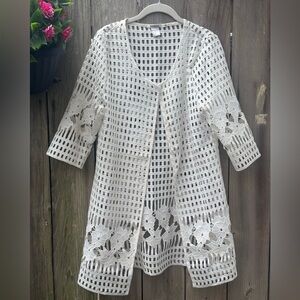 Feratelli White Open Lace Grid Kimono Jacket Tunic Top Easter Size Large